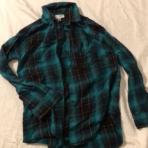 Green, navy, and yellow flannel top